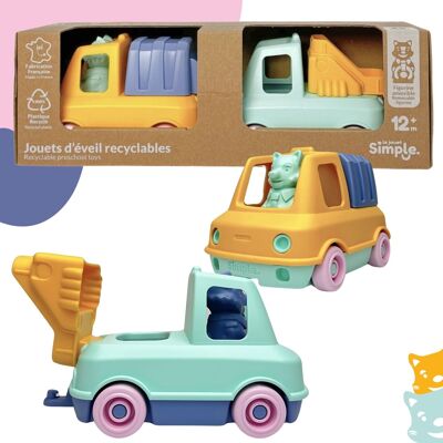 Das einfache Spielzeug-, Müll- und Feuerwehrauto-Set mit Figuren, hergestellt in Frankreich, 100 % recycelter und recycelbarer Kunststoff, spülmaschinenfest, Geschenk für Mädchen und Jungen ab 1 Jahr, Lernspielzeug für den Strand