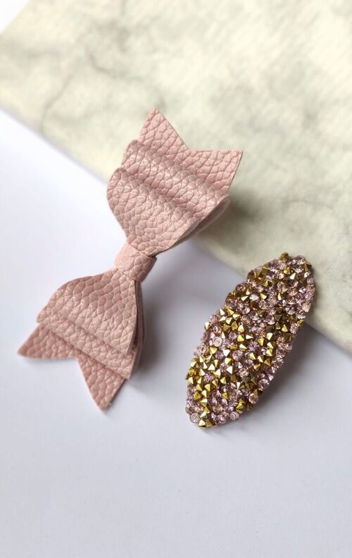 DELUXE PINK DIAMONDS BOW AND SNAP - SET OF 2 HAIR CLIPS