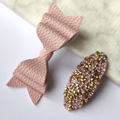 DELUXE PINK DIAMONDS BOW AND SNAP - SET OF 2 HAIR CLIPS