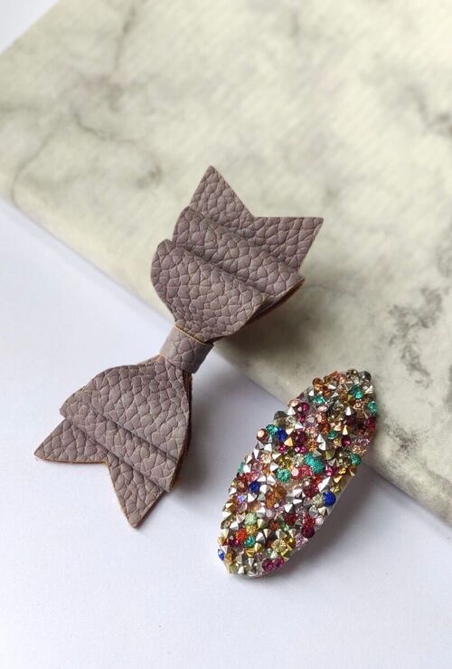 DELUXE MAUVE DIAMONDS BOW AND SNAP - SET OF 2 HAIR CLIPS