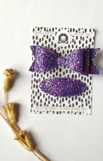 DELUXE DEEP PURPLE BOW AND SNAP - SET OF 2 HAIR CLIPS 2