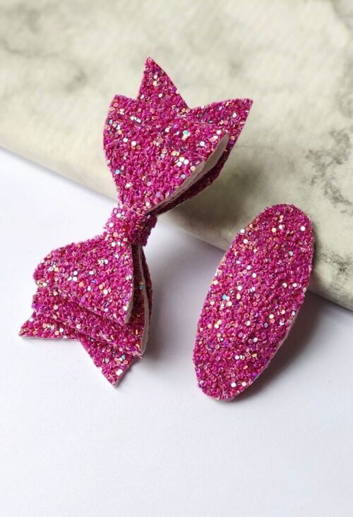 DELUXE MAGENTA GLITTER BOW AND SNAP - SET OF 2 HAIR CLIPS
