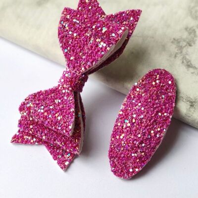 DELUXE MAGENTA GLITTER BOW AND SNAP - SET OF 2 HAIR CLIPS