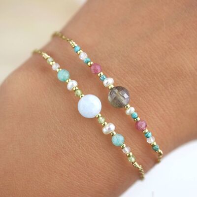 Fine multi natural stone bracelet, stainless steel, women's jewelry