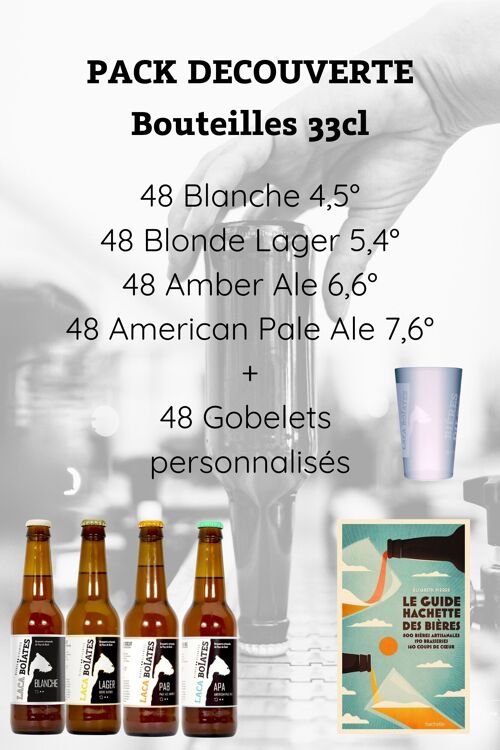 Pack découverte bières artisanales bouteilles 33cl, blanche, blonde, amber ale, american pale ale et gobelets