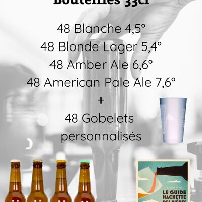 Pack découverte bières artisanales bouteilles 33cl, blanche, blonde, amber ale, american pale ale et gobelets