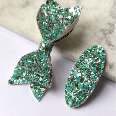 DELUXE MINT BOW AND SNAP - SET OF 2 HAIR CLIPS