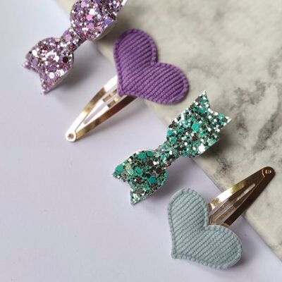 MINI BOWS & HEARTS - Set of 4 Hair Clips - VIOLET