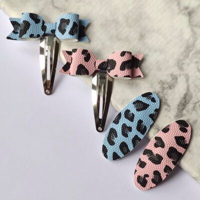MINI BOWS & SNAPS - Set of 4 Hair Clips - LEOPARD