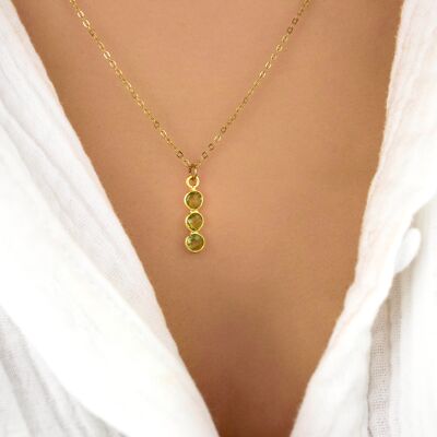 Long three-stone pendant necklace, peridot, aquamarine