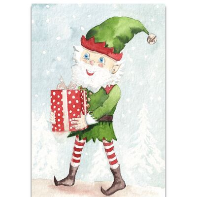 CARTE DOUBLE AQUARELLE LUTIN DE NOËL