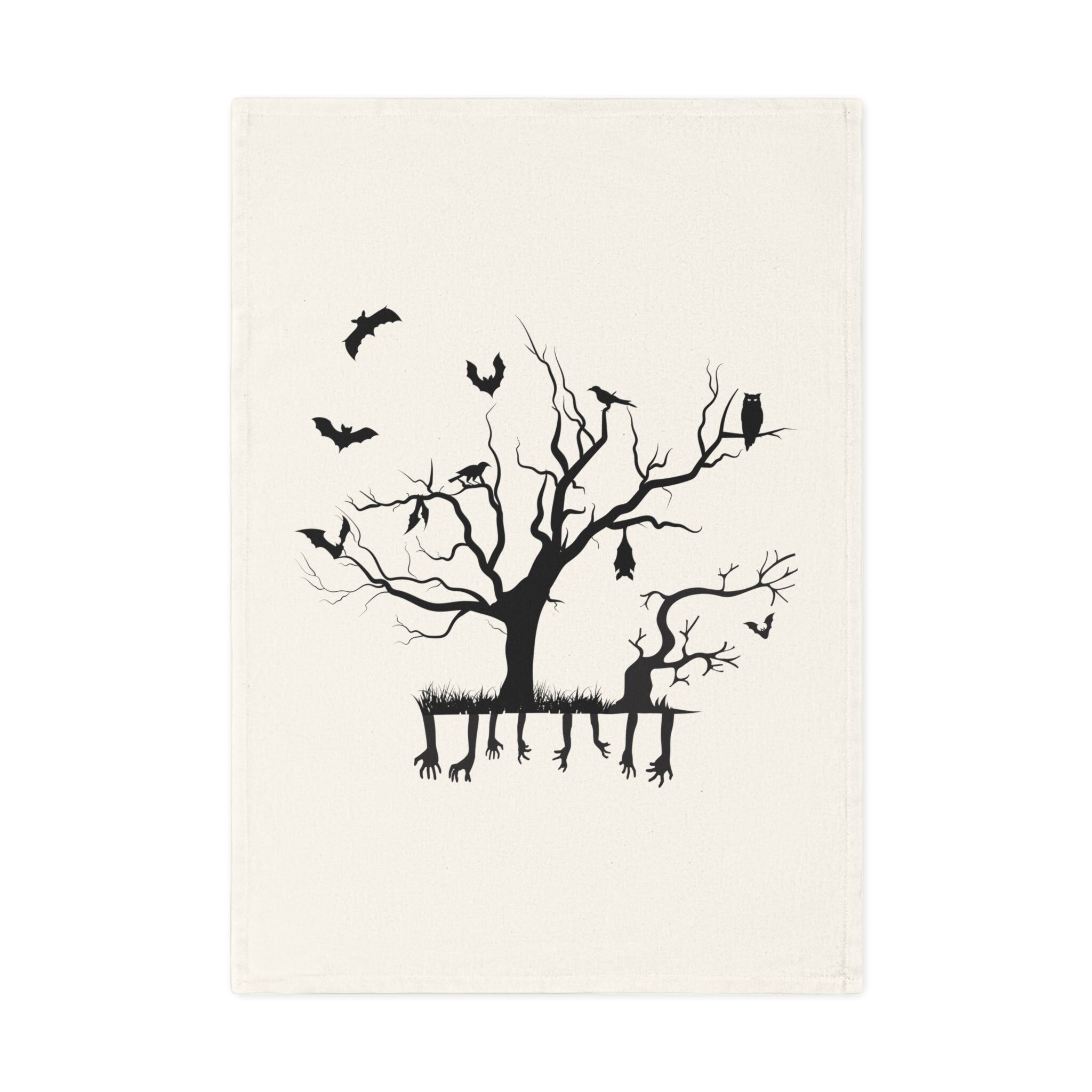 Scary Halloween tree branches bats birds Organic Cotton Tea Towel, 50 x 70 cm, eco-friendly kitchen towel, bathroom hand towel