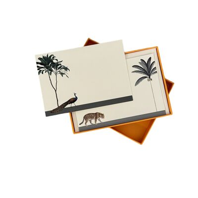 Conjunto de tarjetas de notas "Pavo real pavoneándose leopardo" de Darwin's Menagerie con sobres colocados