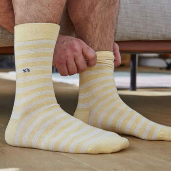 Chaussettes en coton peigné A rayures fines - Jaune et blanc 3