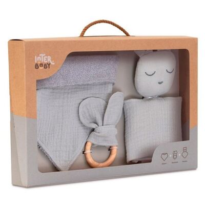 Set Regalo Muselina Gris con Doudou Babero y Mordedor