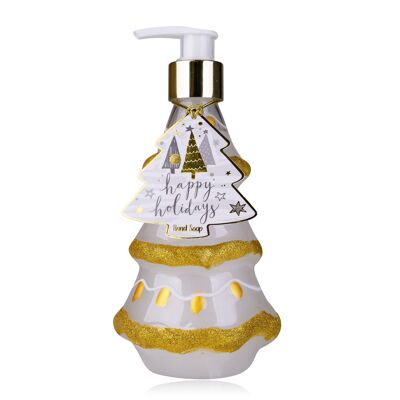 HAPPY HOLIDAYS hand soap in tree-shaped pump dispenser, soap dispenser with liquid soap
