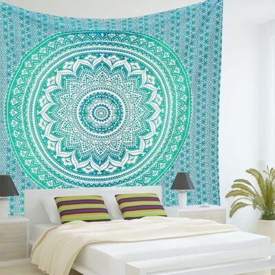 Aakriti Cotton Mandala Tapestry Wall Hanging Bohemian Bedspread, Tapestries for Living Room, Home Decor -Ombre (L 235 x W 210 Cm), (L92 x W 82 In)