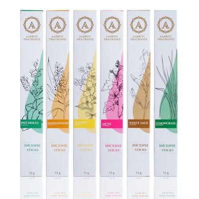 AAKRITI Incense  Natural Masala Incense Sticks | [15 Grams] | assorted pack of six White Sage, Lemongrass, Patchouli, Sandalwood, Musk, Jasmine