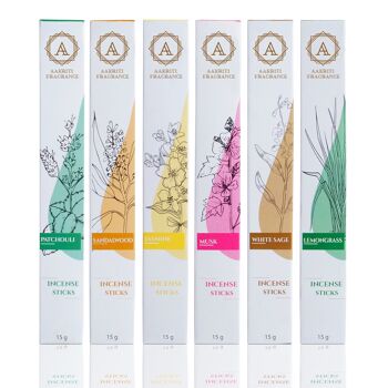 Encens AAKRITI Bâtons d'encens Masala naturels | [15 grammes] | assortiment de six sauge blanche, citronnelle, patchouli, bois de santal, musc, jasmin 1