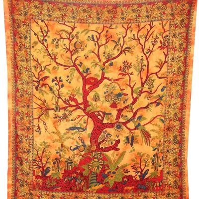 Aakriti Gallery Tree of Life Bedspread Coverlet Orange Oriental India Decor Cotton Wall Art (L 230 x W 205 Cm), (L 91 X W 81 In)