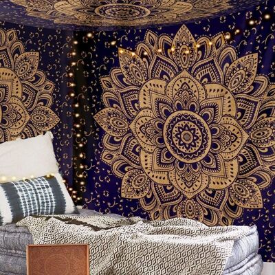 Aakriti Cotton Mandala Tapestry Wall Hanging - Bohemian Bedspread, Tapestries for Living Room, Home Décor - Blue Golden (L 235 x W 210 Cm), (L92 x W 82 In)