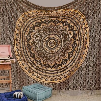 Aakriti Cotton Mandala Tapestry Wall Hanging - Bohemian Bedspread, Tapestries for Living Room, Home Décor - Black Golden (L 235 x W 210 Cm), (L92 x W 82 In)