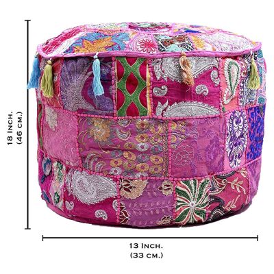 Aakriti Gallery Pouf Footstool with Embroidery Pouf, Indian Cotton, Pouf, Ottoman Pouf Cover with Ethnic Decor Art - Cover (Pink) - (46x33 Cm) (18x13 In)
