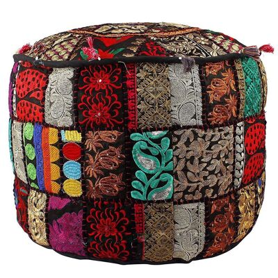 Aakriti Gallery Pouf Footstool with Embroidery Pouf, Indian Cotton, Pouf, Ottoman Pouf Cover with Ethnic Decor Art - Cover (Black) - (46x33 Cm) (18x13 In)