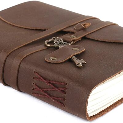 Aakriti Leather Journal Refillable Paper Handmade Notebook Cotton lined Diary For Women Men Vintage Key Closure Leather Sketchbook - 8x6 - Cotton Lined(Distress Brown)