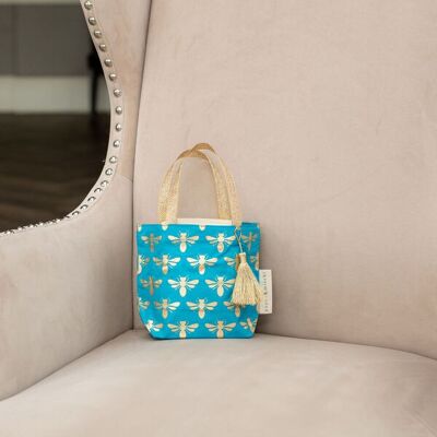 Fabric Gift Bags Tote Style - Turquoise Bees (Small)