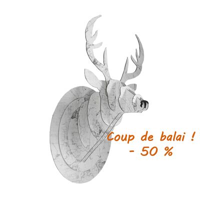 Trophée tête de cerf motif map carte ancienne blanc et gris