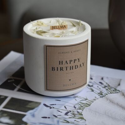 Happy Birthday scented candle with elegant dried flower accents for friends, family and your home