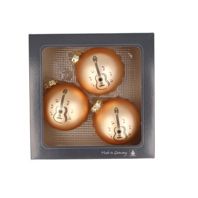 Set of 3 Christmas baubles with concert guitar print, different colors - color: matt old gold