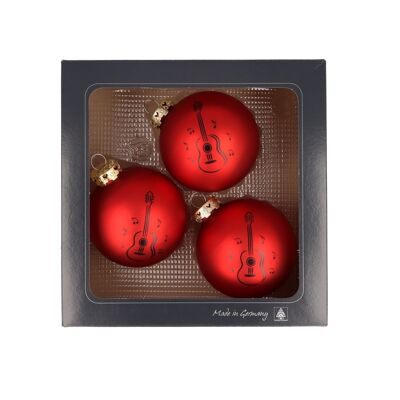 Set of 3 Christmas baubles with concert guitar print, various colors - color: matt red
