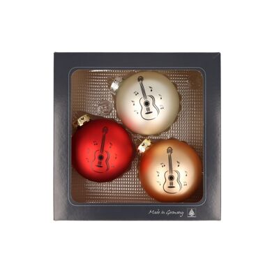 Set of 3 Christmas baubles with concert guitar print, various colors - color: red/gold/silver