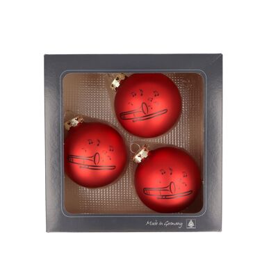 Set of 3 Christmas baubles with trombone print, various colors - color: matt red