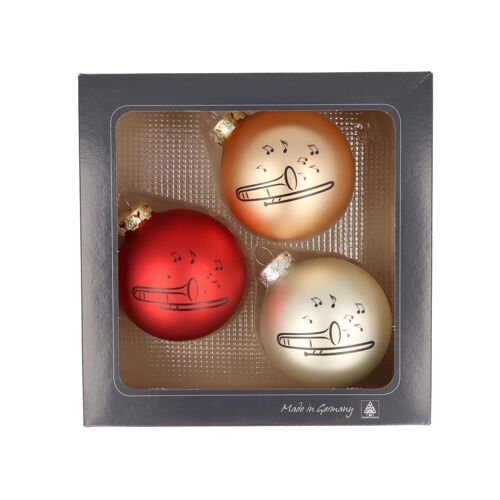 3er-Set Weihnachtskugeln mit Posaune-Druck, verschiedene Farben - Farbe: Rot/Gold/Silber