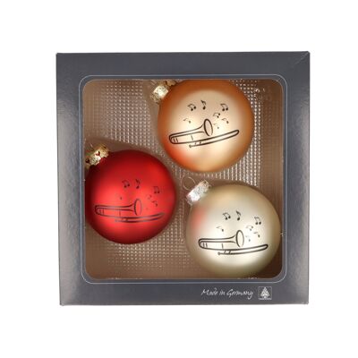 Set of 3 Christmas baubles with trombone print, various colors - color: red/gold/silver