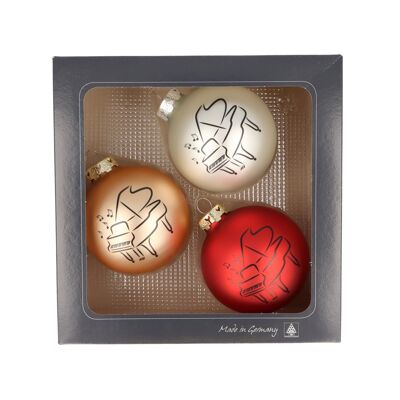 Set of 3 Christmas baubles with piano print, assorted colors - Color: Red/Gold/Silver
