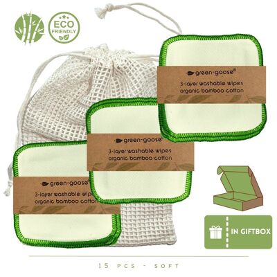 Almohadillas de algodón reutilizables green-goose | 15 Piezas | En embalaje de regalo | Suave