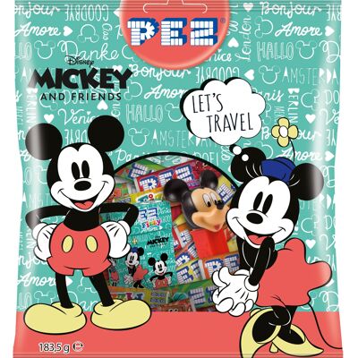 PEZ Maxi sachet design Mickey Minnie 183,5g contenant:-1 distributeur PEZ et des bonbons : 6 recharges fruits + 5 recharges Cola + 10 rouleaux Fizzy + 30 Fruit mix Fizzy (1 boite fizzy)