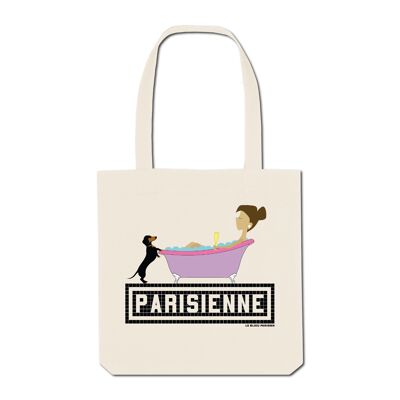 Tote Bag Imprimé Parisienne Teckel / baignoire - Ecru