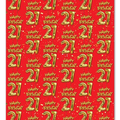 21 Gold Red Balloon Gift Wrap - 21st Birthday **Pack of 2 Sheets Folded**