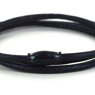 Triple wrap leather bracelet and black stainless steel buckle