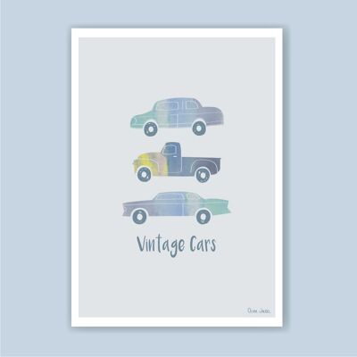 A3 and A4 Poster Blue Vintage Cars