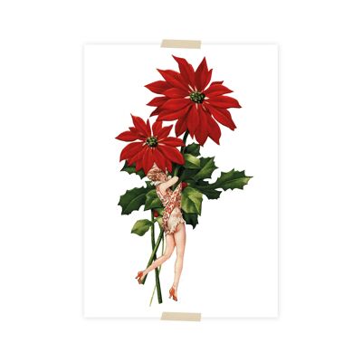 Weihnachtspostkarten-Collagendame, die an der Weihnachtsblume hängt