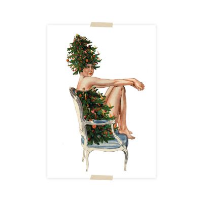 Collage de postal navideña dama en silla vestido de árbol de Navidad