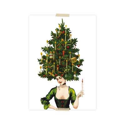 Postal navideña collage dama pelo árbol de Navidad