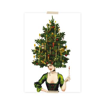 Carte postale de Noël collage dame cheveux d'arbre de Noël 1