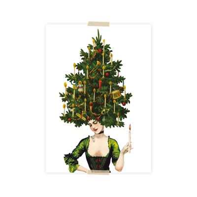 Carte postale de Noël collage dame cheveux d'arbre de Noël